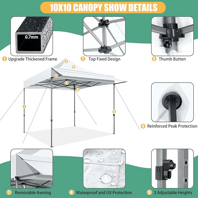 COBIZI 10x10 Pop Up Canopy Tent with Awning,Heavy Duty Canopy UPF 50+ All Season Wind Waterproof Commercial Outdoor Street Vendors Party Tents for Parties Canopy with Carry Bag(10 x 10 ft White)
