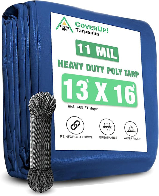 CoverUp 13x16 Feet Tarp, 11 Mil Thick Heavy Duty Tarp Waterproof, 65 FT Rope for Fastening - UV-Resistant, Tear-Proof Cover with Grommets for Rain, Roof, RV, Camping, Pool, Outdoor Protection, Blue