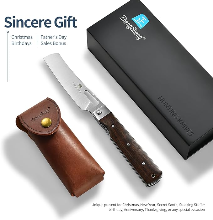 Folding Chef Knife with Leather Pouch 4.8" Sharp 440A Stainless Steel Blade Wooden Handle Pocket Foldable Japanese Style Kitchen Knife for Outdoor Camping Cooking.
