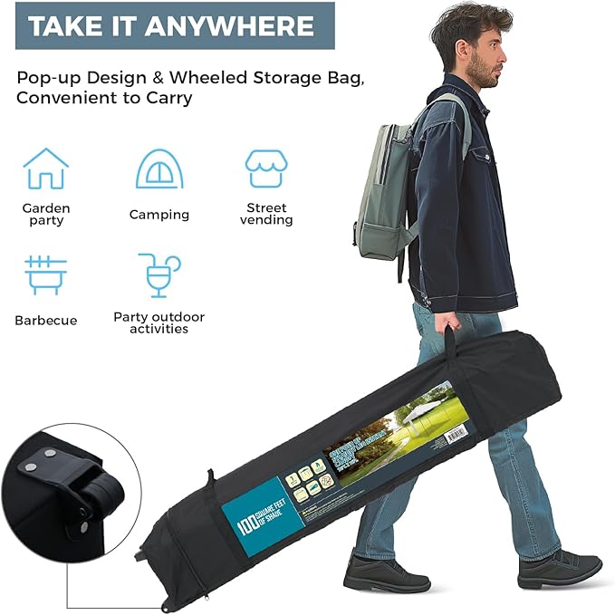 GREEN PARTY 10x10 ft Pop Up Canopy Tent, 1-Person Setup Instant Outdoor Canopy with Vented Top, Wheeled Carry Bag, 4 Ropes & 4 Sandbag -White