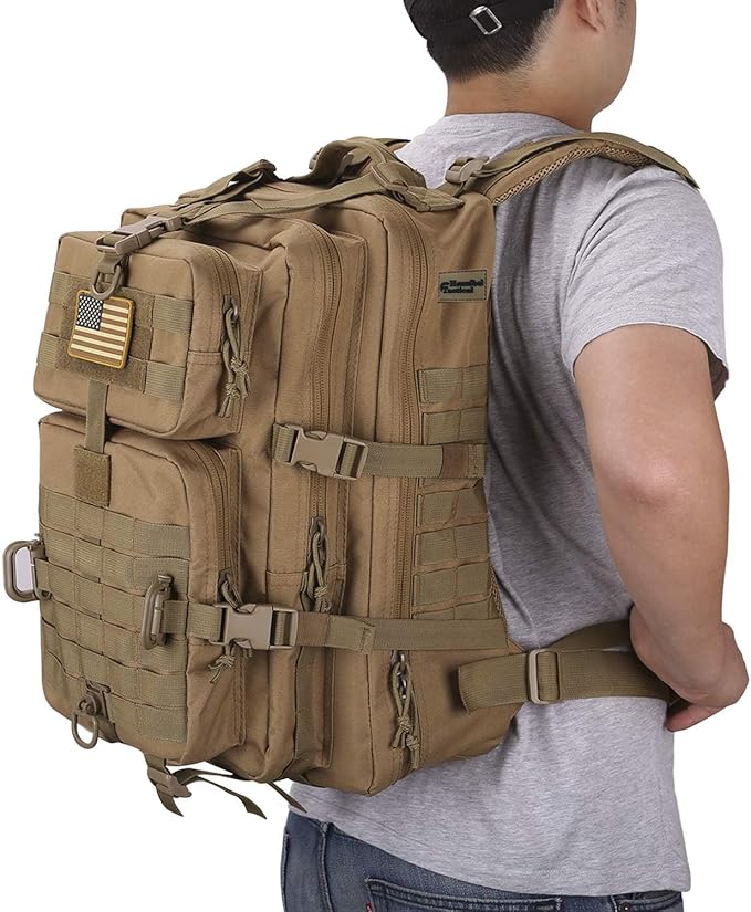 MOLLE Assault Pack, Tactical Backpack Military Army Camping Rucksack, 3-Day Pack Trip w/USA Flag Patch, D-Rings, Coyote