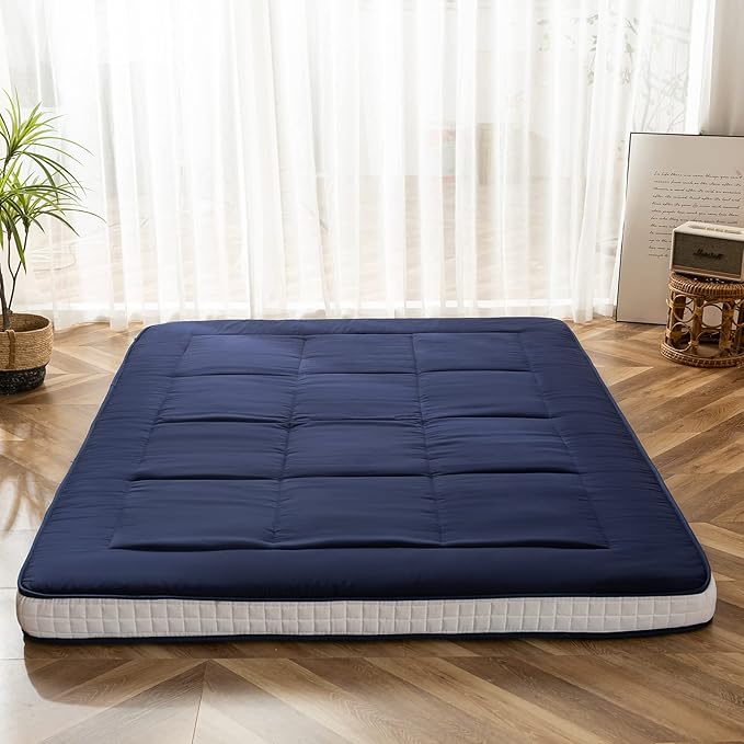 MAXYOYO Futon Mattress, Padded Japanese Floor Mattress Quilted Bed Mattress Topper, Extra Thick Folding Sleeping Pad Breathable Floor Lounger Guest Bed for Camping Couch, Navy, Queen