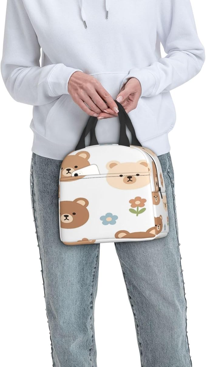 Cute cartoon bear faces flowers digital art Insulated Lunch Bag Oxford Cloth & Thick Foil Cooler Warmer Tote Waterproof Wear-Resistant with Front Pocket for Work Picnic Outdoor Travel