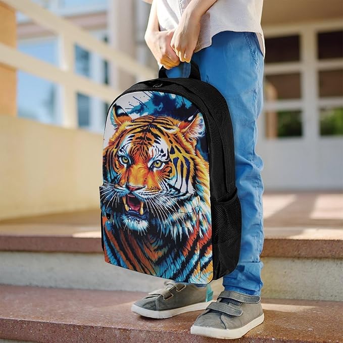 Supdreamc Lightweight Daypack Backpack for Sports Travel Running, Large Capacity Multipurpose Anti-Theft Bookbag, Blue Fierce Wild Tiger Animal King Art Laptop Backpack Daypack