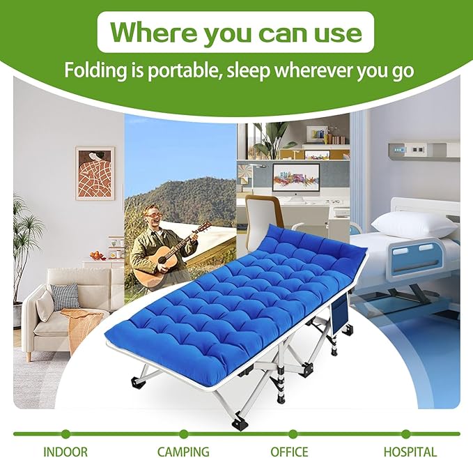 Camping Cots with Comfortable Pad Sleeping Bed for Camping Folding Cot with Mattress Heavy Duty Sleeping Cot with Carry Bag Guest Cots for Adults Easy to Set Up Office Home Outdoor Indoor Vacation