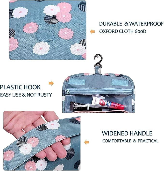 Trawila Travel Hanging Toiletry Bag Cosmetic Bag Makeup Organizers for Men & Women with Sturdy Hook (Blue flower)
