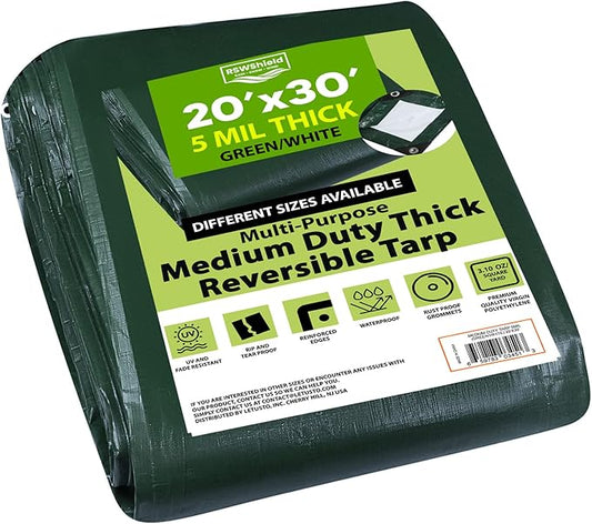 Medium Duty Waterproof 5 Mil. Reversible (Hunter Green/White) Tarp Cover, UV Resistant, Rip and Tear Proof Tarpaulin with Reinforced Edges - for Roof, Camping, Patio, Pool Cover, Boat (20'X30')