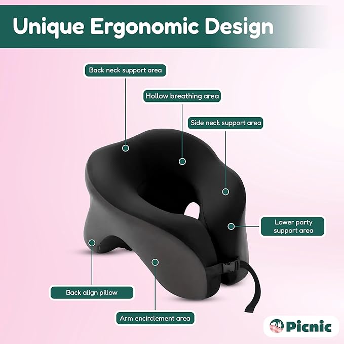Picnic Neck Pillow for Traveling | 100% Pure Memory Foam Travel Pillow for Airplanes, Car & Office | Ergonomic Support with Adjustable Clasp, Eye Mask & Compact Travel Bag | Perfect for Relaxation