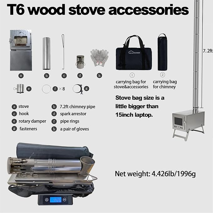 DANCHEL OUTDOOR T6 Ultralight Titanium Wood Stove for Camping Backpacking, 4.4lbs Folding Hot Tent Stove with 7.2ft Chimney Pipe, Easy Setup for 1 Person Winter Survival, Cooking