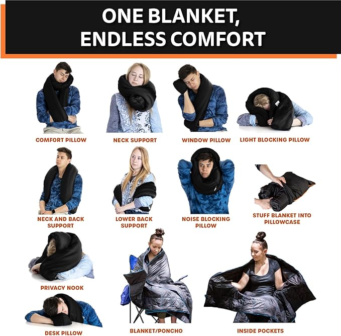 NAPRO Ripstop Outdoor Camping Pillow 3-in-1, Versatile Lightweight Nylon Waterproof Stadium Blanket, Ultralight Backpacking Essentials, Travel Set - Black and Orange