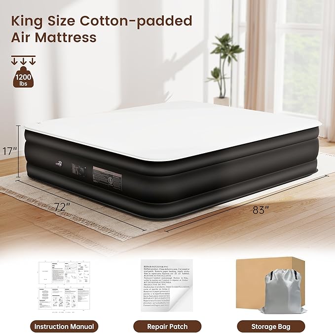 King Size Air Mattress with Built-in Pump, 17" Raised King Blow Up Mattress, Soft Milk Fiber Surface & Foam Topper, Air Bed Portable for Home & Guests, Colchones Inflables, 1200 Lbs