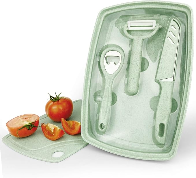 CARTINTS 5 In1 Camping Cutting Board For Kitchen Plastic Cutting Board Set with Bottle Opener, Peeler, Kitchen Knife, Serving Tray, Cutting Board, Dishwasher Safe Green