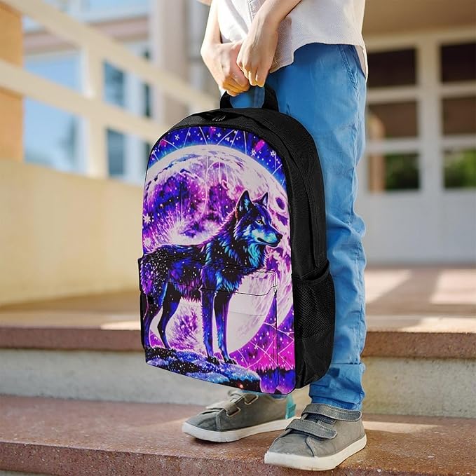 Supdreamc Polyester Daypack for Camping Travel Walking Cycling, Big Capacity Anti-Theft Multipurpose Bookbag, Neon Sky Moon Wolf Camping Outdoor Backpack