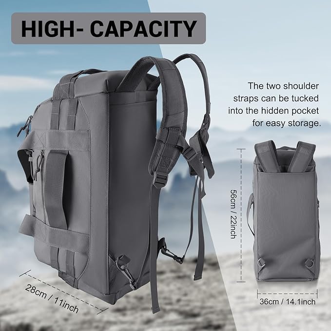 35L Large Duffle Bag, 3-in-1 Tactical Backpack MOLLE Pack for Sports/Gym/Outdoor, Grey