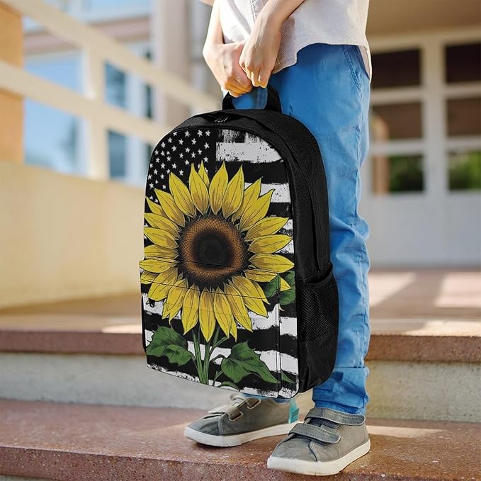 Supdreamc Men Women Lightweight American Thin Black Line Flag Sunflower Art Backpack Large Capacity Carry On Bag With Padded Straps for Sports Work Walking Cycling