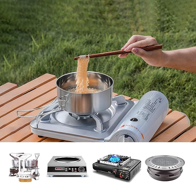 Camping Cookware Mess Kit, Backpacking Cooking Set Lightweight Stackable Pots and Pans Set Portable Tableware for Outdoor Indoors Kitchen Family Camping Travel Picnic Backpacking Hiking Fishing