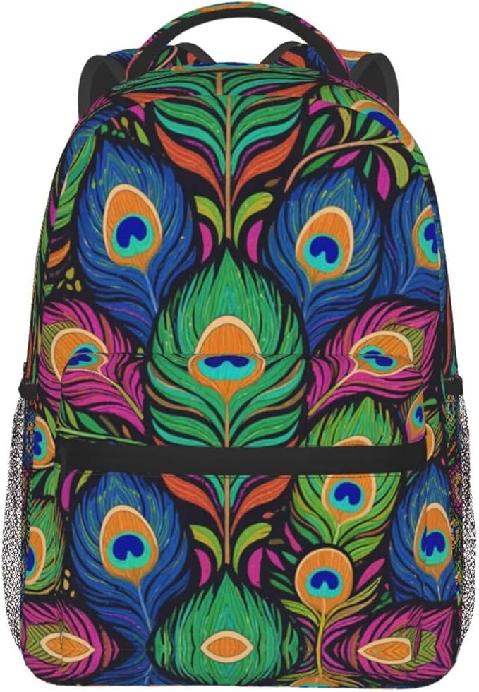 Men Women Lightweight Chic Animal Beautiful Peacock Feather Art Casual Daypack Big Capacity Bookbag With Padded Straps for Gym Travel Walking Cycling
