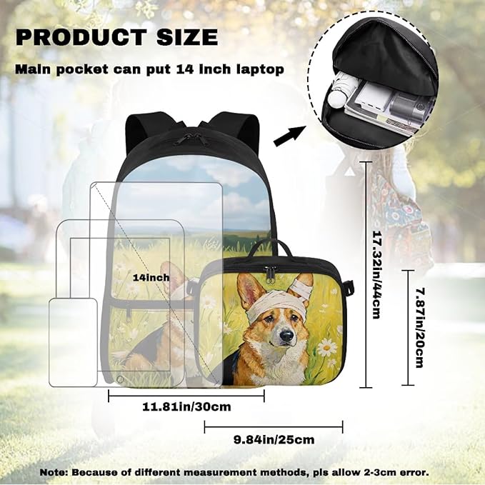 HUGS IDEA Corgi School Backpack for Girls 6-8 Cute Bookbag for Preschool Girls Kids Schoolbag with Lunchbox 17 Inch School Back Pack for Elementary Students Supplies