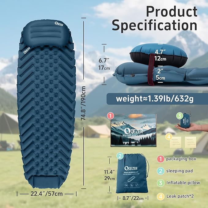 Ultralight Backpacking Sleeping Pad for Camping, with Inflatable Neck Camping Pillow, Lightweight Inflatable Sleeping Pad for Adults, Portable for Hiking, Car Travel - Durable & Comfortable