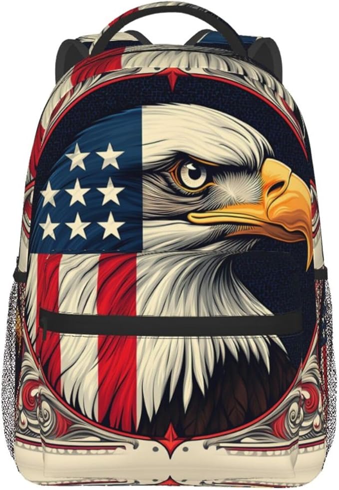 Men Women Polyester American Flag Eagle Art Daypack Backpack Large Capacity Carry On Bag With Smooth Zippers for Hiking Picnic Walking Cycling