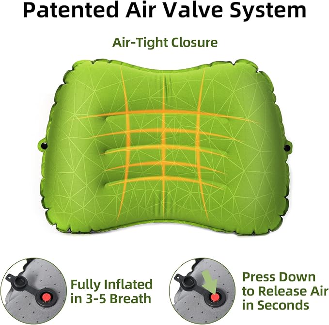 Camping Pillow - Inflatable Pillow - Travel Pillows for Backpacking & Airplane, Lumbar Support 2.0 Blow Up Pillow, Ultralight Compressible, Comfortable, Ergonomic Pillows (Light Green)