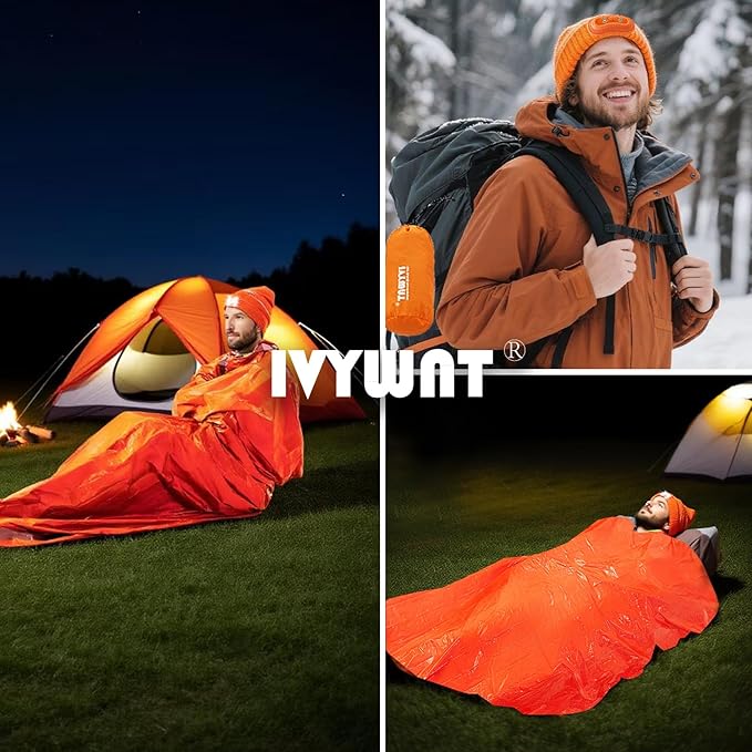 Emergency Sleeping Bag & LED Beanie Kit - Portable Bivy Sack Blanket, Winter Warm Knitted Hat with Light, Waterproof Survival Gear for Camping Hiking Adventure