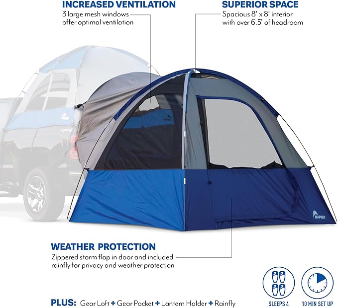 Napier Sportz Link | Truck Bed Tent Camping Accessory | 8' x 8' Ground Tent Attachment | 4-Person Tent | Attaches to Napier Pickup Truck Tents - Truck Tent Not Included | Blue/Gray | Model 51000