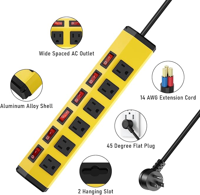 ANNQUAN 6 Outlet Metal Power Strip with 6 Individual Switches,Heavy Duty Power Strip 1200J 15A 10FT Cord Home Office Industrial Commercial Shop