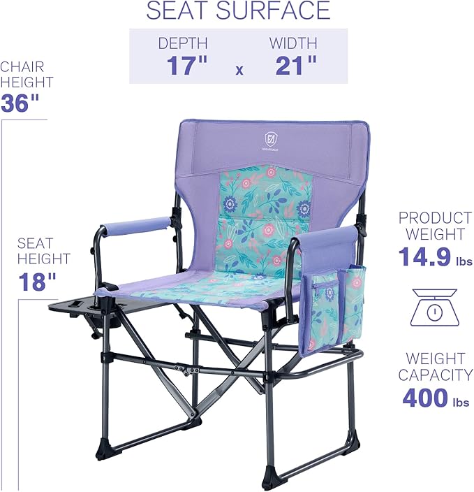 EVER ADVANCED Camping Directors' Chair with Side Table, Portable Folding with Compact Size, Heavy Duty Lawn Chair with Pocket for Camping, Lawn, Sports and Fishing, 400lbs, Purple