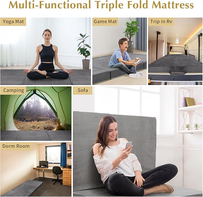 Tri-Fold Memory Foam Mattress,Single Folding Mattress with Handles and Washable Covers,Portable Floor Bed Foldable Mat for Travel & Camping & Yoga,75" x 38" x 4"
