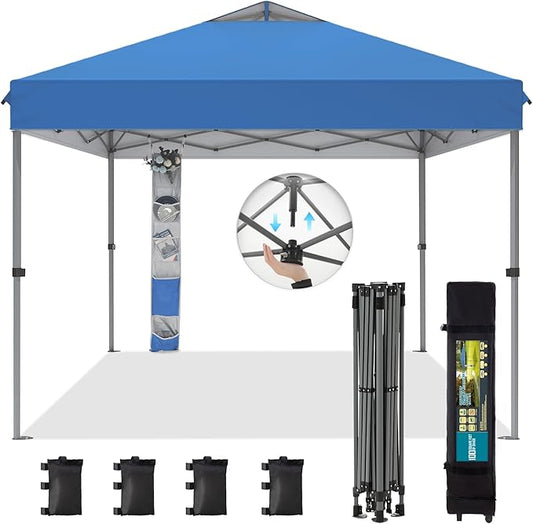 GREEN PARTY 10x10 ft Pop Up Canopy Tent, 1-Person Setup Instant Outdoor Canopy with Vented Top, Wheeled Carry Bag, 4 Ropes & 4 Sandbag -Blue