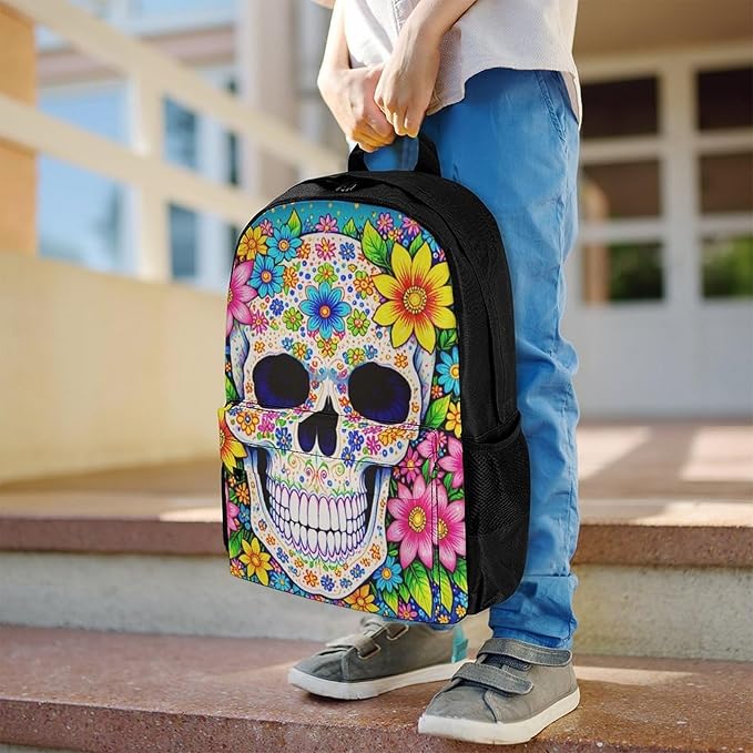 Supdreamc Rucksack Multipurpose Anti-Theft Big Capacity Shoulder Bag, Sugar Skull Colorful Day Of The Dead Art Travel Hiking Camping Rucksack With Side Pockets