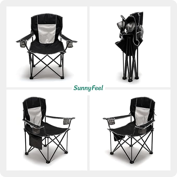 SUNNYFEEL Oversized Folding Camping Chair 2 Pack 500 LBS Heavy Duty Lawn Chairs for Adults Black Portable Folding with Armrest, Cup Holder, Pocket &Bag for Outdoor Camping/Beach/Travel/Picnic/Fishing