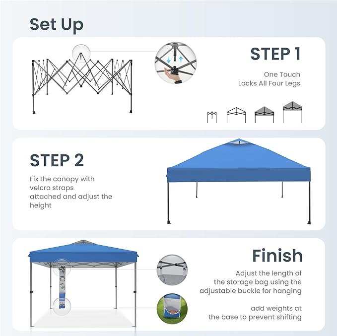 PHI VILLA 10’ x10’ Pop Up Canopy Tent - One Push Setup, Instant Shade Tent with Vented Roof for Beach & Events - Includes Storage Bag, Sandbags, Stakes & Ropes (Blue)