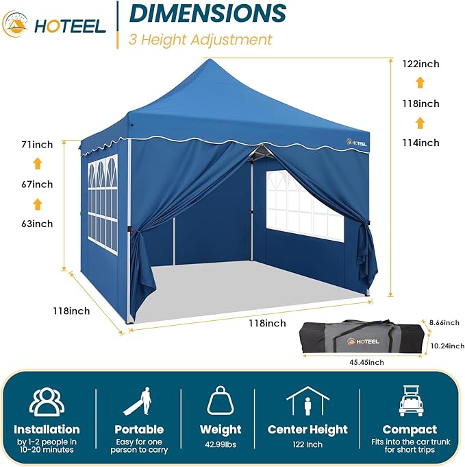 HOTEEL Canopy Tent 10x10 Pop Up Canopy with 4 Removable Sidewalls, Sandbags, Stakes & Ropes, UPF 50+ Easy Setup Canopy Tent Waterproof Outdoor Instant Portable Shelter for Party, Events, Vendor, Blue