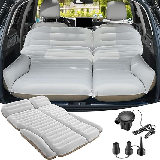 KMZ SUV Air Mattress Double Sided Thickened Flocking Car Bed – Portable Inflatable Mattress Pad for Camping & Travel with 2 Pillows & Electric Pump (Off-White and Coffee)