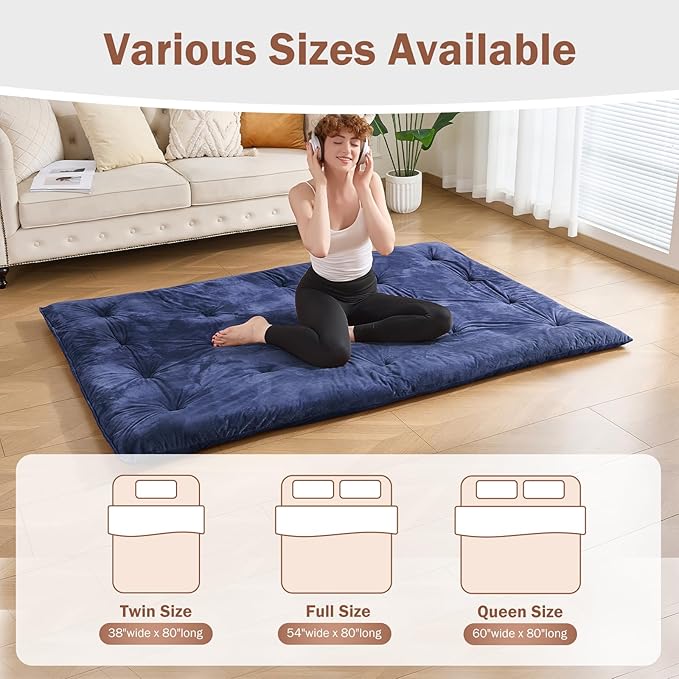 Japanese Floor Futon Mattress Queen Size 60"x 80", 2.5'' Thick Foldable Roll Up Floor Bed Sleeping Pad, 25D Foam Filled Tatami Mat with Straps for Guest Room, Dormitory & Camping, Blue