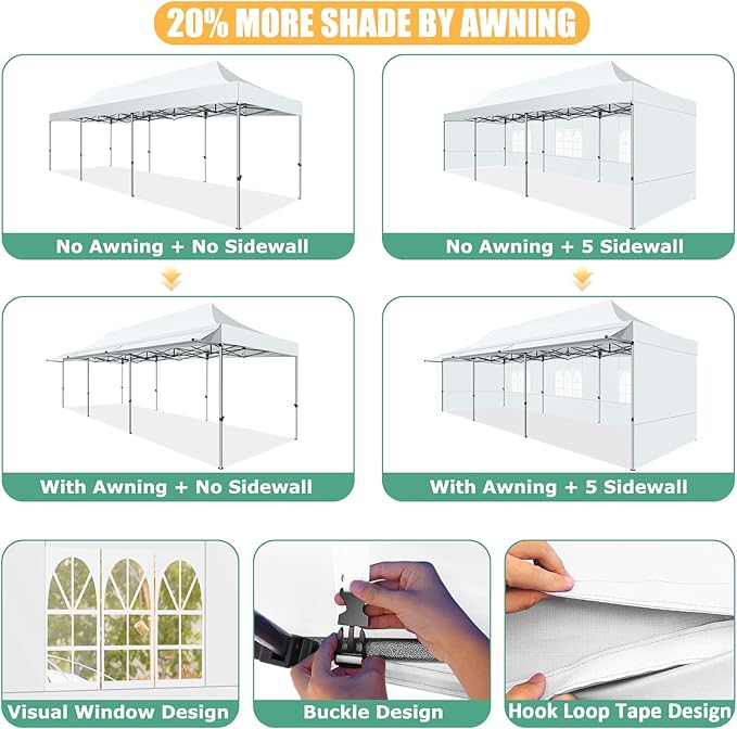 COBIZI 10x30 Pop Up Canopy Tent with Awning,Heavy Duty Canopy UPF 50+ All Season Wind Waterproof Commercial Outdoor Street Vendors Party Tents for Parties Canopy with Roller Bag(10 x 30 ft White)