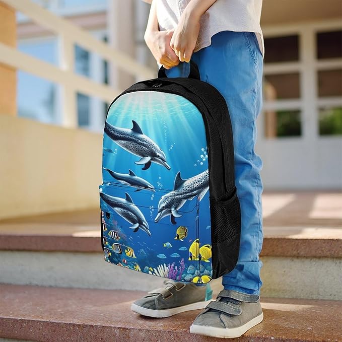 Supdreamc Rucksacks Polyester Anti-Theft Multipurpose Colorful Sea Ocean World Dolphin Tropical Fishes Coral Art Carry On Bag Large Capacity Gym Outdoor Hiking Backpack With Smooth Zippers