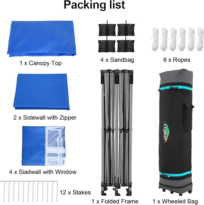 COBIZI 10x20 Pop up Canopy Tent 10x20 Canopy with 6 Sidewalls Waterproof Heavy Duty Commercial Canopy Tent for Parties Outdoor Garden Gazebo, Carry Bag with Wheel(10x20ft, Blue)