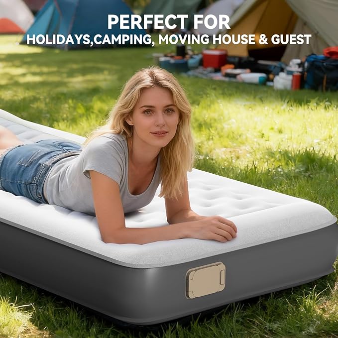HiiPeak Twin Air Mattress Bed with Removable Multi-Function Air Pump, Self Inflatable TPU ECO Blow Up Bed, All Night Stability No Lost Air, No Peculiar Smell for Camping, Home, Guests Portable Travel