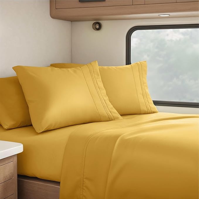 Hearth & Harbor Short Queen Sheets for RV, Camel Gold RV Queen Sheets, Silky Soft 1800 Microfiber Bed Sheet for Camper, 4 Piece RV Bedding with Pillowcases