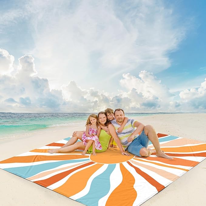 Beach Blanket Waterproof Sandproof, Oversized Picnic Blankets with Stakes and Sand Pockets, Lightweight Quick Drying, Extra-Large Portable Beach Mat for Outdoors, Camping, Hiking Trips-Summer Sunshine