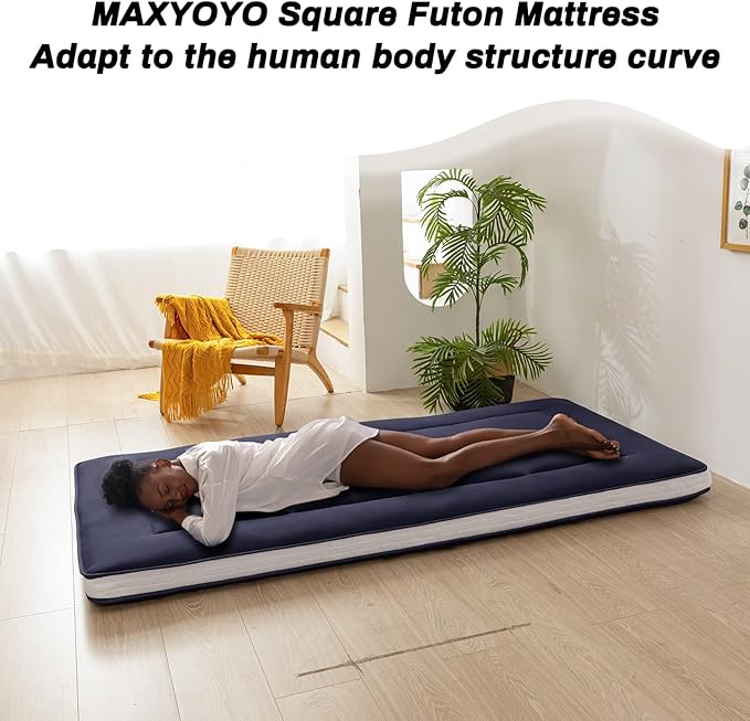 MAXYOYO Japanese Floor Mattress Futon Mattress Twin Bed Mattress, Single Mattress Pad Guest Mattress Floor Bed Mattress, Easy to Foldable and Portable, Navy Futon Twin Mattress