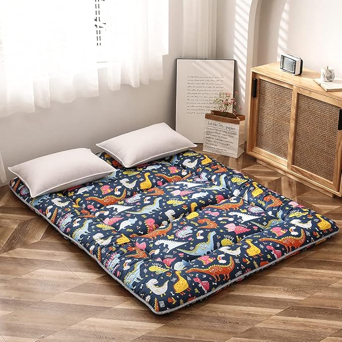 MAXYOYO Dinosaur Japanese Floor Futon Mattress for Boys Girls, Thicken Tatami Mat Sleeping Pad Foldable Bed Roll Up Mattress Floor Lounger Bed Couches and Sofas for Kids Queen Size