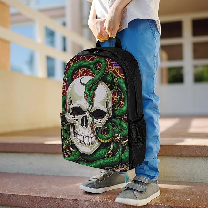 Supdreamc Lightweight Backpack for Gym Travel Bicycle, Big Capacity Multipurpose Anti-Theft Carry On Bag, Medusa Skull Green Snake Art Travel Hiking Bag Day Pack