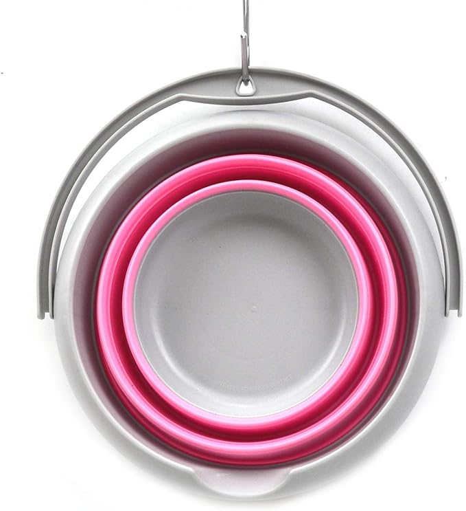 SAMMART 5L / 1.32 Gallon Collapsible Plastic Bucket - Foldable Round Tub - Portable Fishing Water Pail - Space Saving Outdoor Waterpot (5L Round, Grey/Pink)