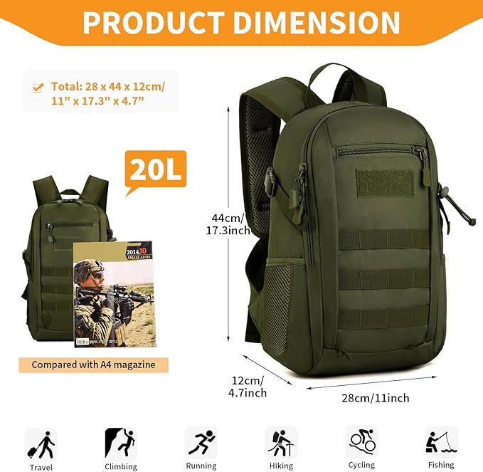 HUNTVP 10L/20L/30L Tactical Backpack Military MOLLE Backpack Rucksack Gear Tactical Assault Pack for Hunting Camping Trekking (20L-Army Green)