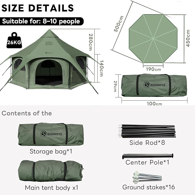 ShinHye 16.4ft Bell Tent for Glamping & Camping – Waterproof Canvas with Stove Jack, Removable Floor & 8 Mesh Windows (Fits 6-8 People)