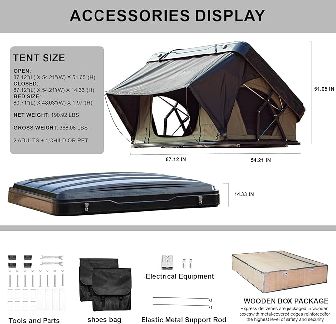 Naturnest Orion Pro Easy Setup Rooftop Tent, Unique Elevated Space Design, Large Space Hardshell Car Tent Equipped with USB Port and LED Light Strip, Suitable for Jeeps, Trucks, 2-3 Person